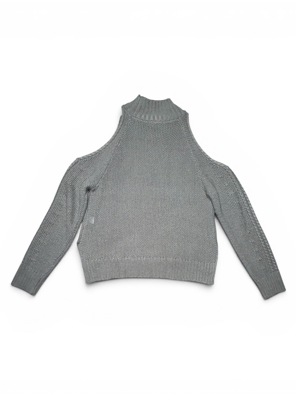 Miou Muse Cold Shoulder Silk-Knit Mock Neck Sweater Grey Women Sz L - Picture 7 of 11